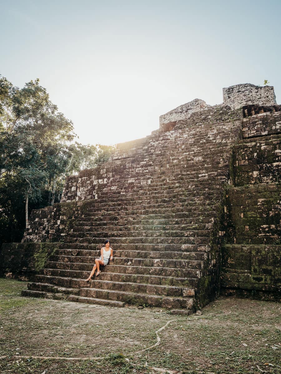 Sitting on the steps of the temple in Flores Guatemala