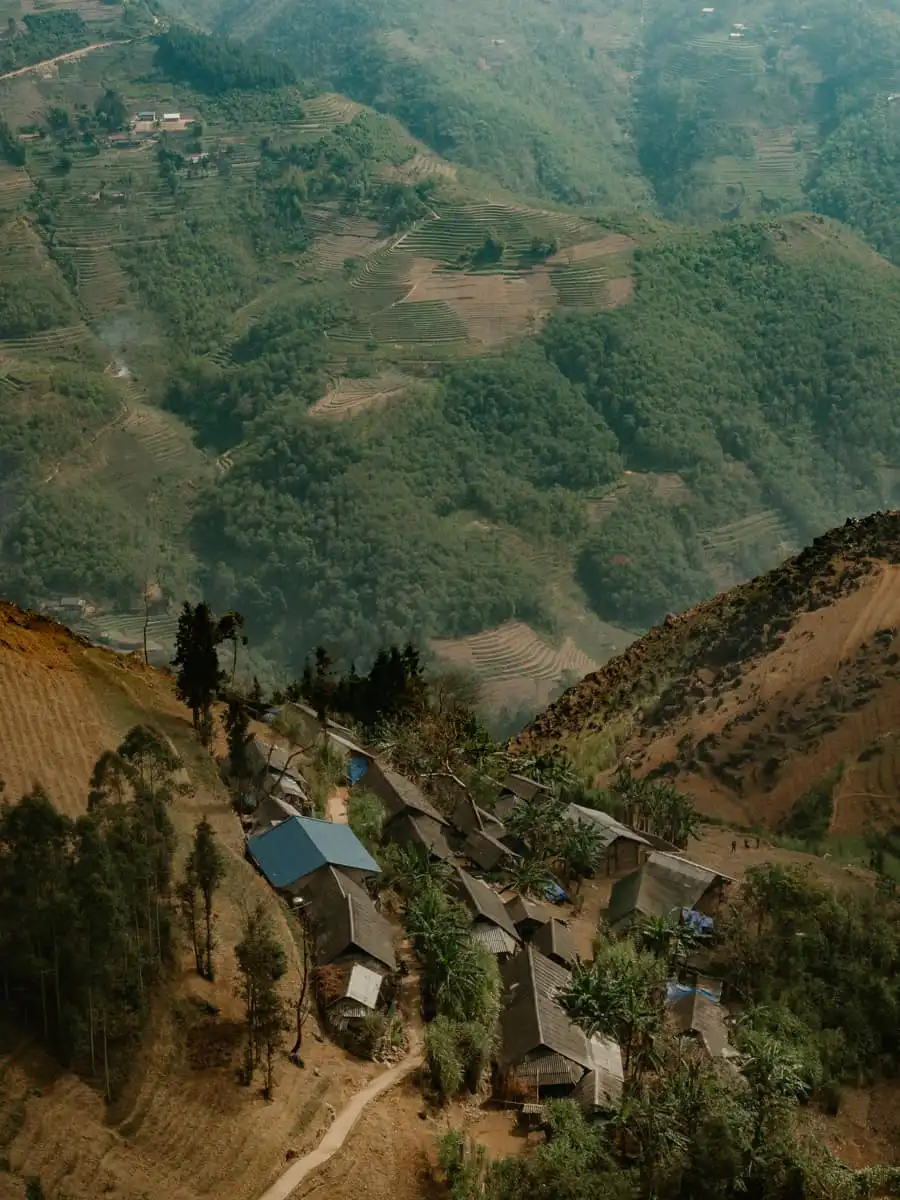 view of the houses on the cliffs of Ha Giang mountains