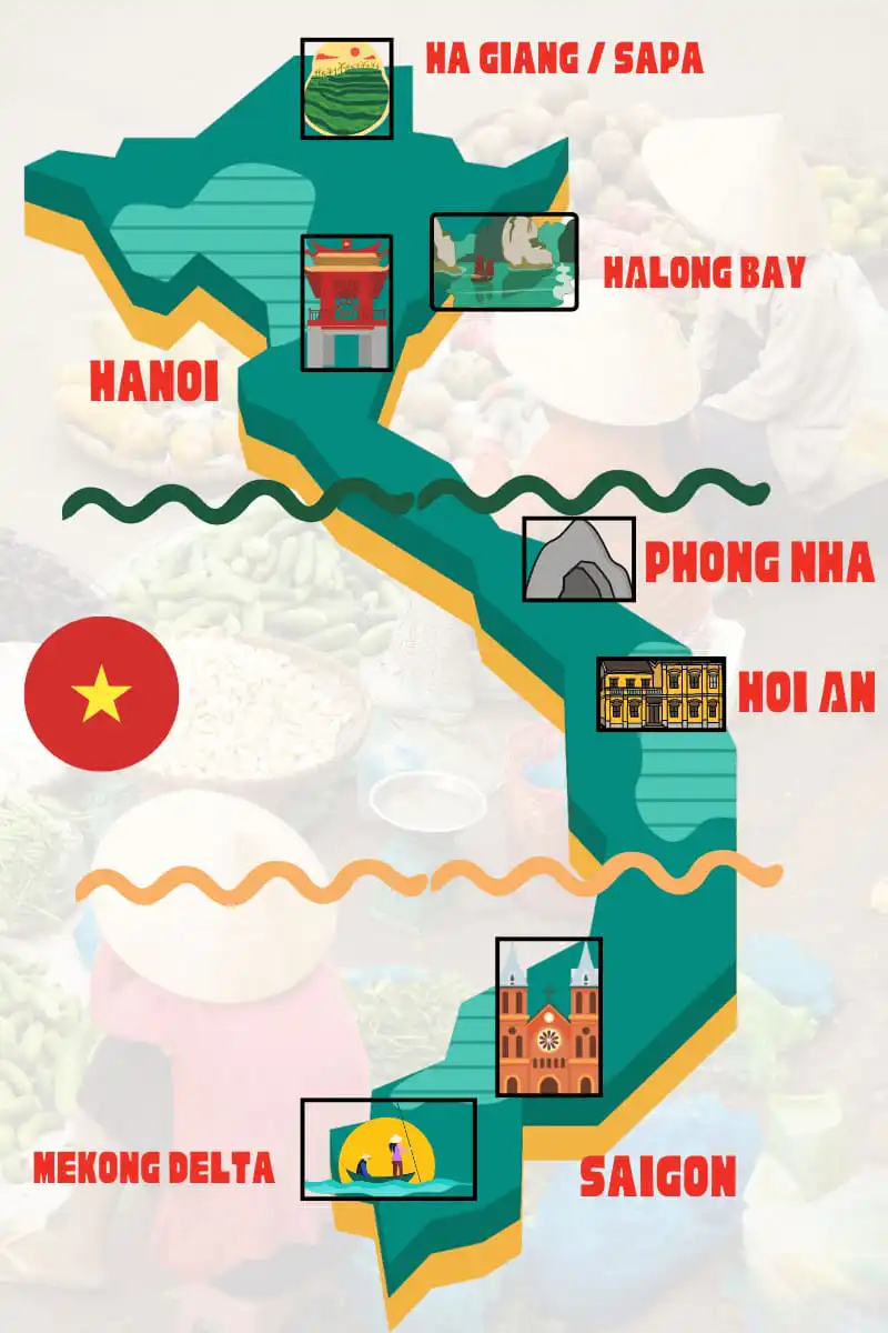 Map of Vietnam and its highlight attractions