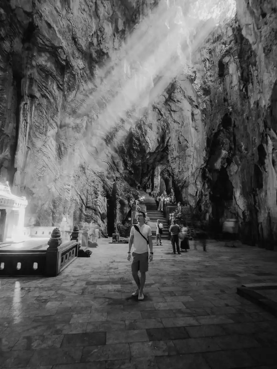 Marble Mountain with light streaming through the ceiling