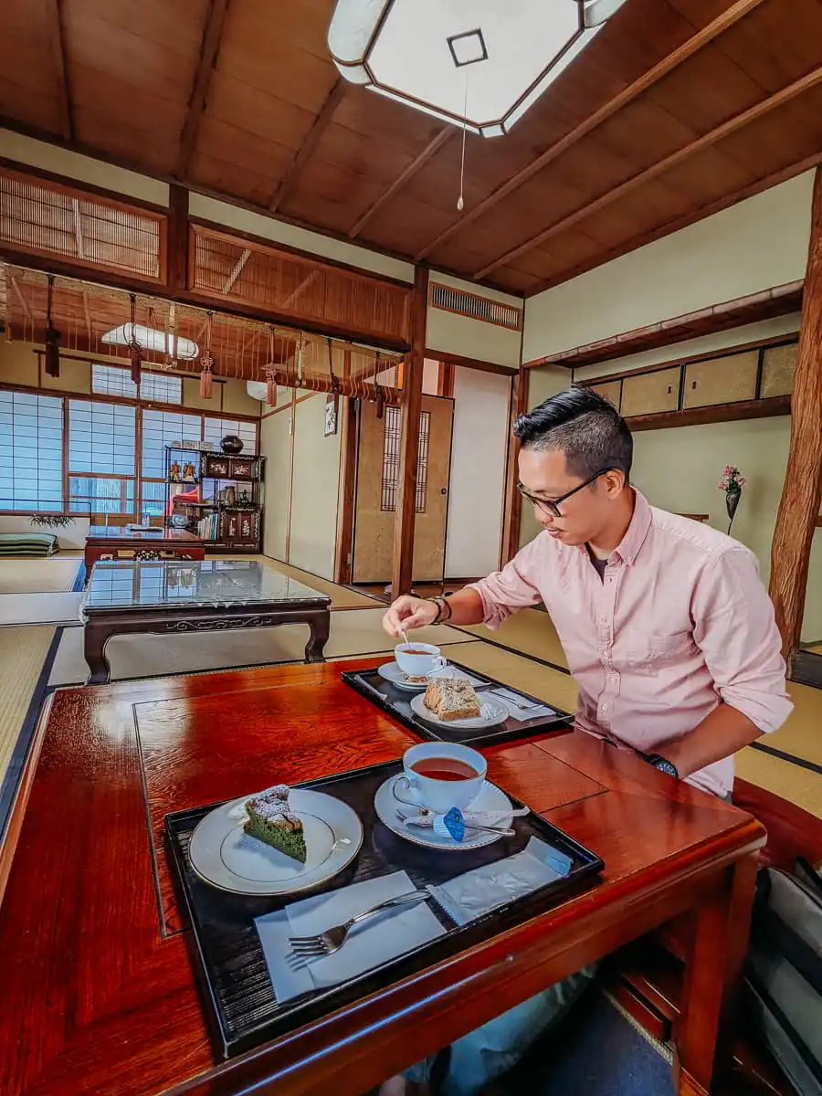 eating cake and drinking tea in Nara