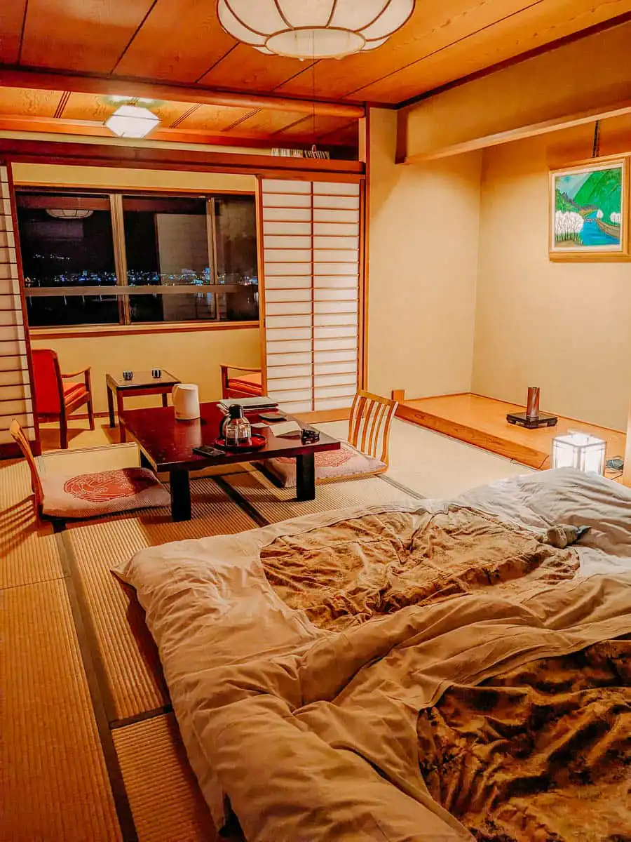 beds in a cozy tatami room in japan