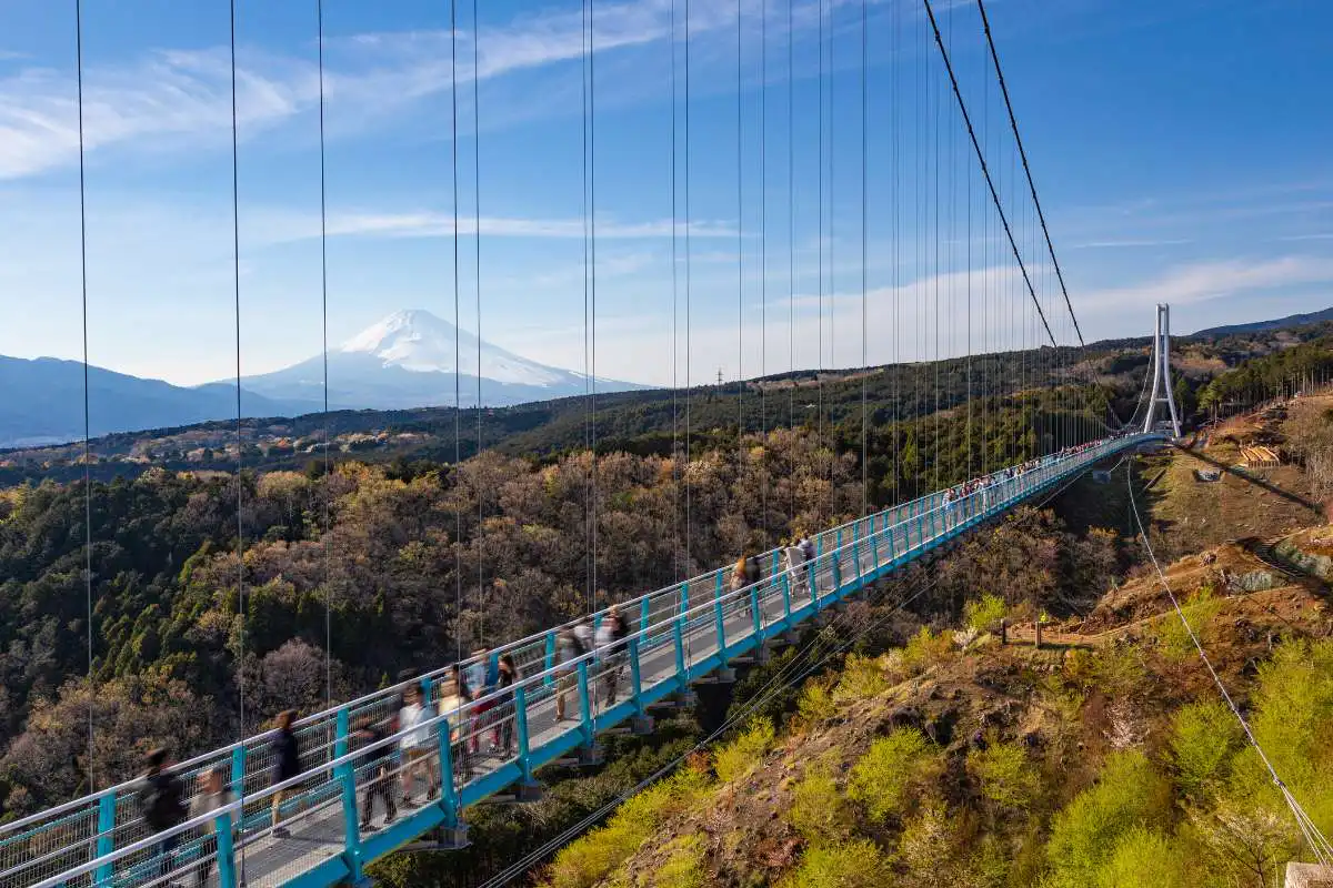 mishima sky walk with bridge overlooking mount fuji