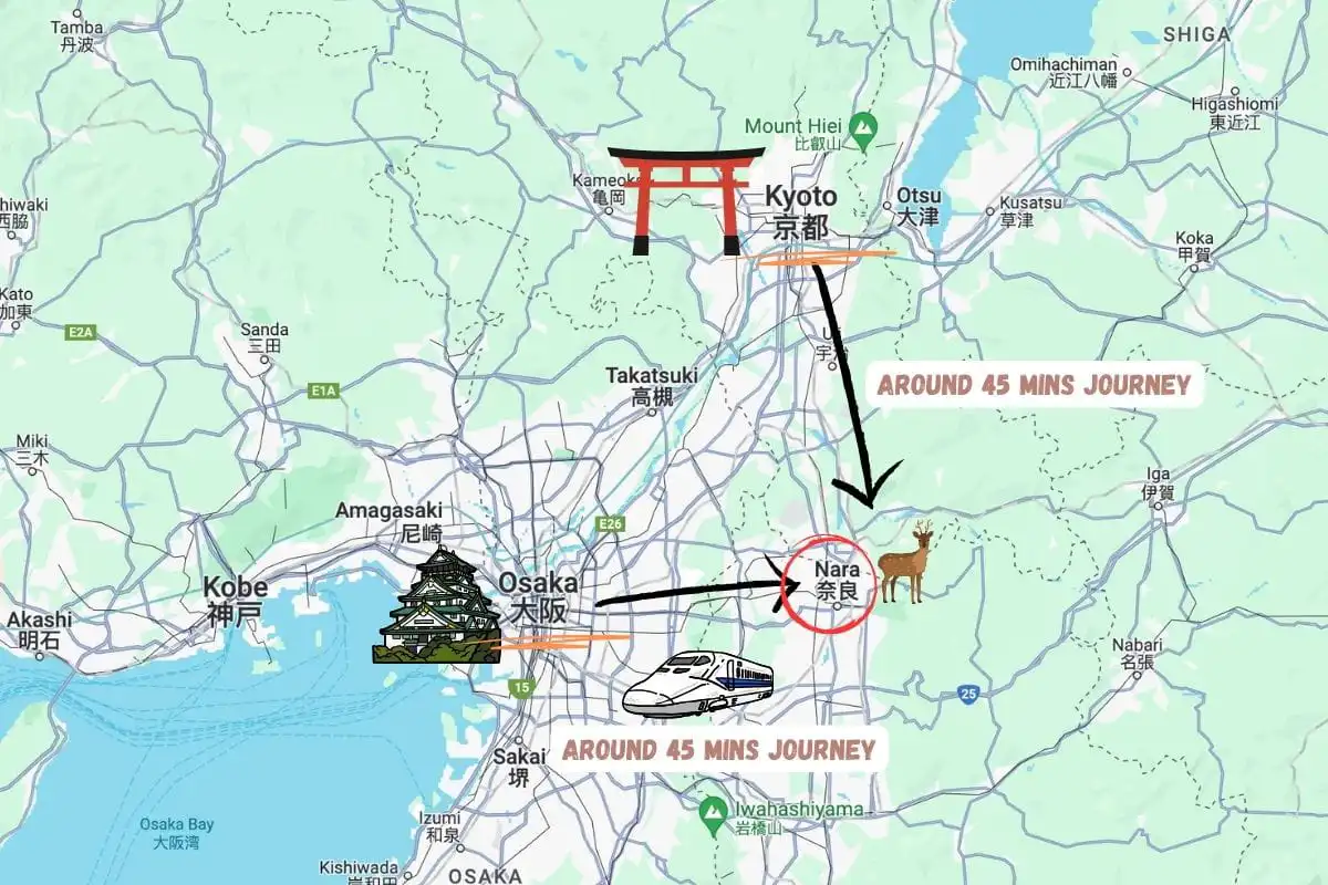 map of a day trip to Nara from Osaka or Kyoto