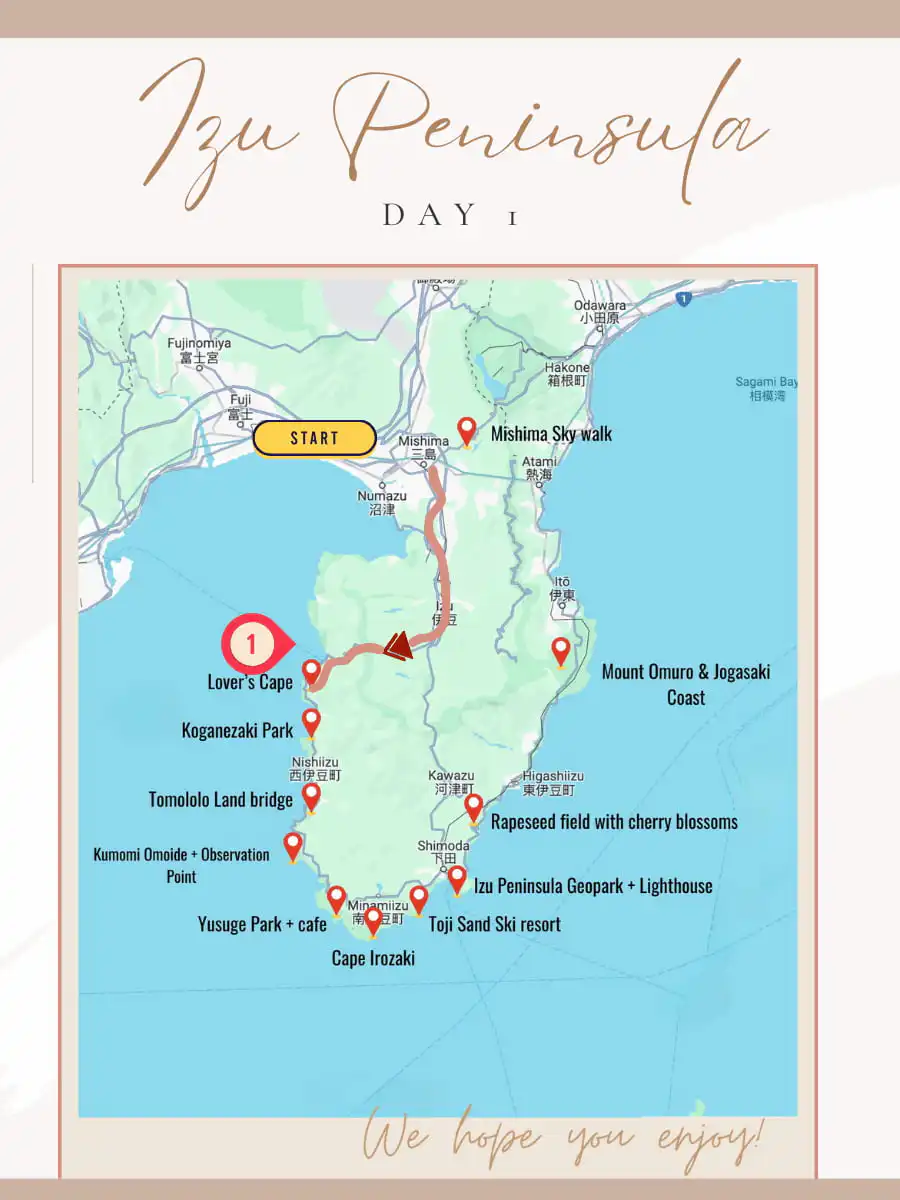 Day 1 schedule of izu peninsula itinerary