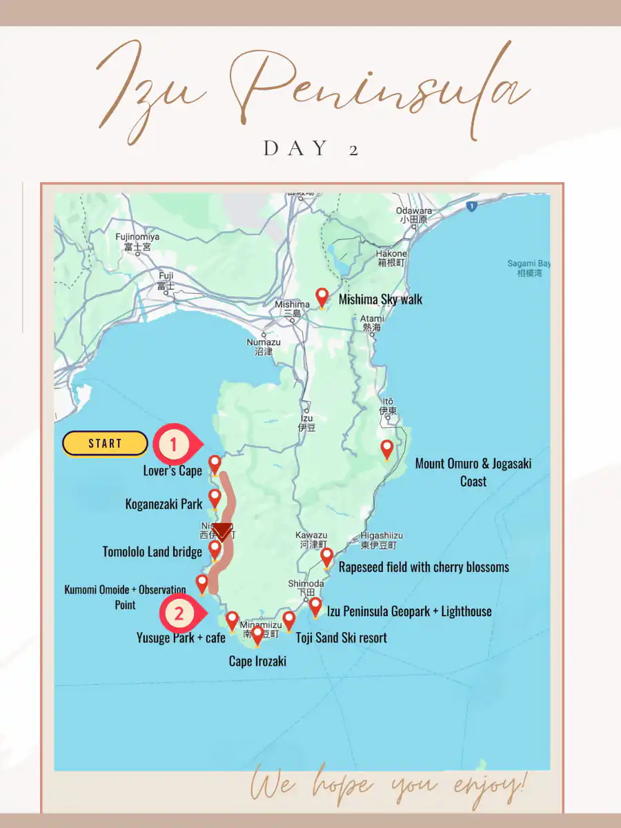 Day 2 map of our izu peninsula itinerary