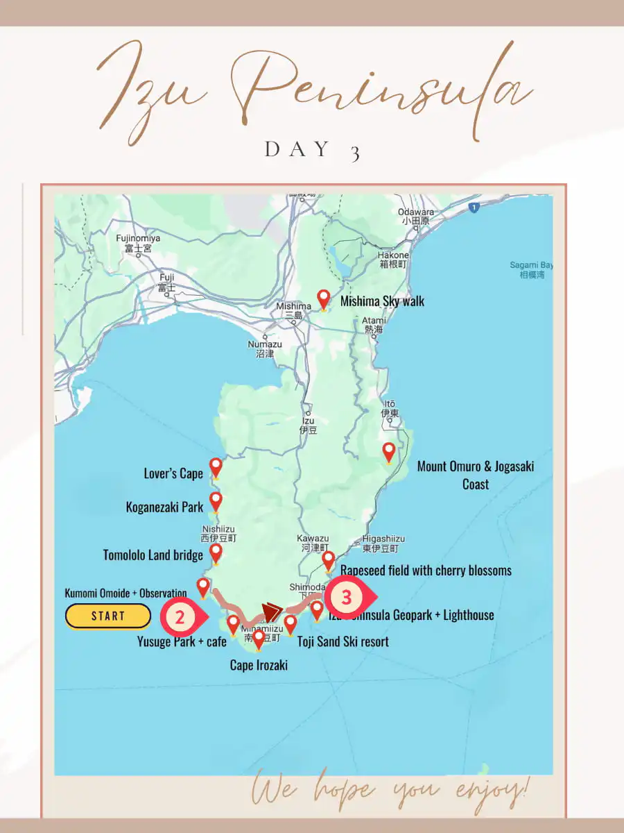 Day 3 map of our izu peninsula itinerary road trip