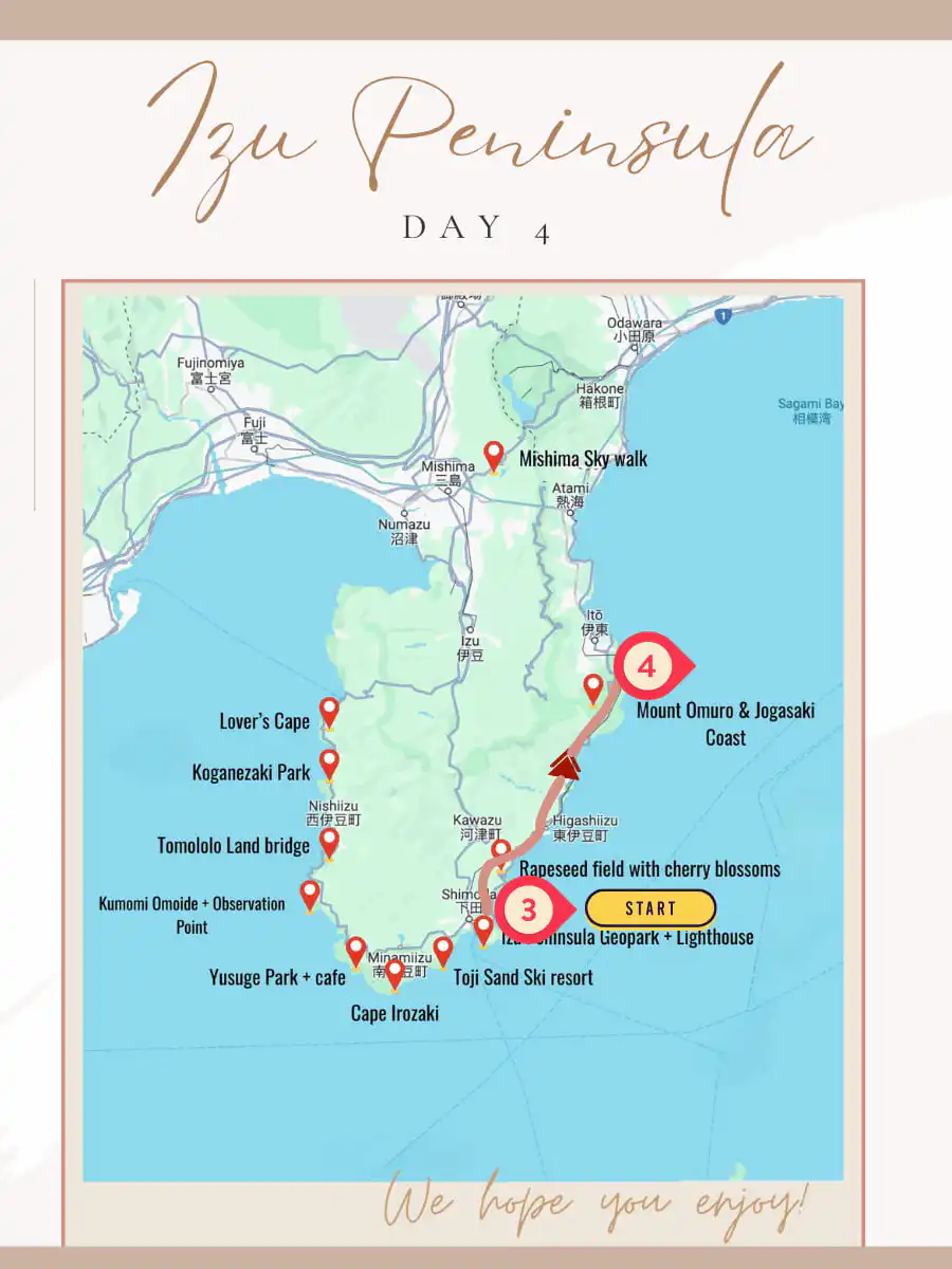 Day 4 map of our izu peninsula itinerary