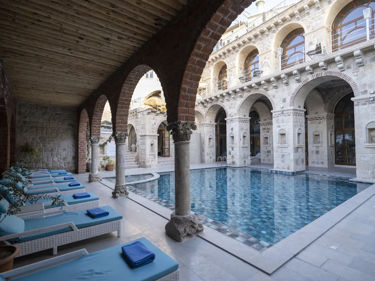 Arches and pool at Elika Cave Suites, one of the best places for where to stay in Cappadocia