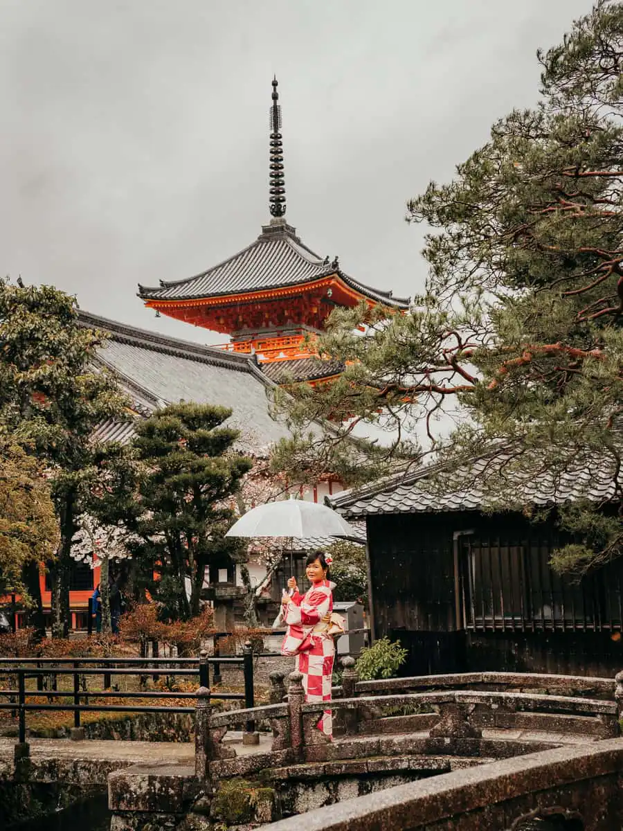 woman standing with umbrella wearing kimono in kyoto