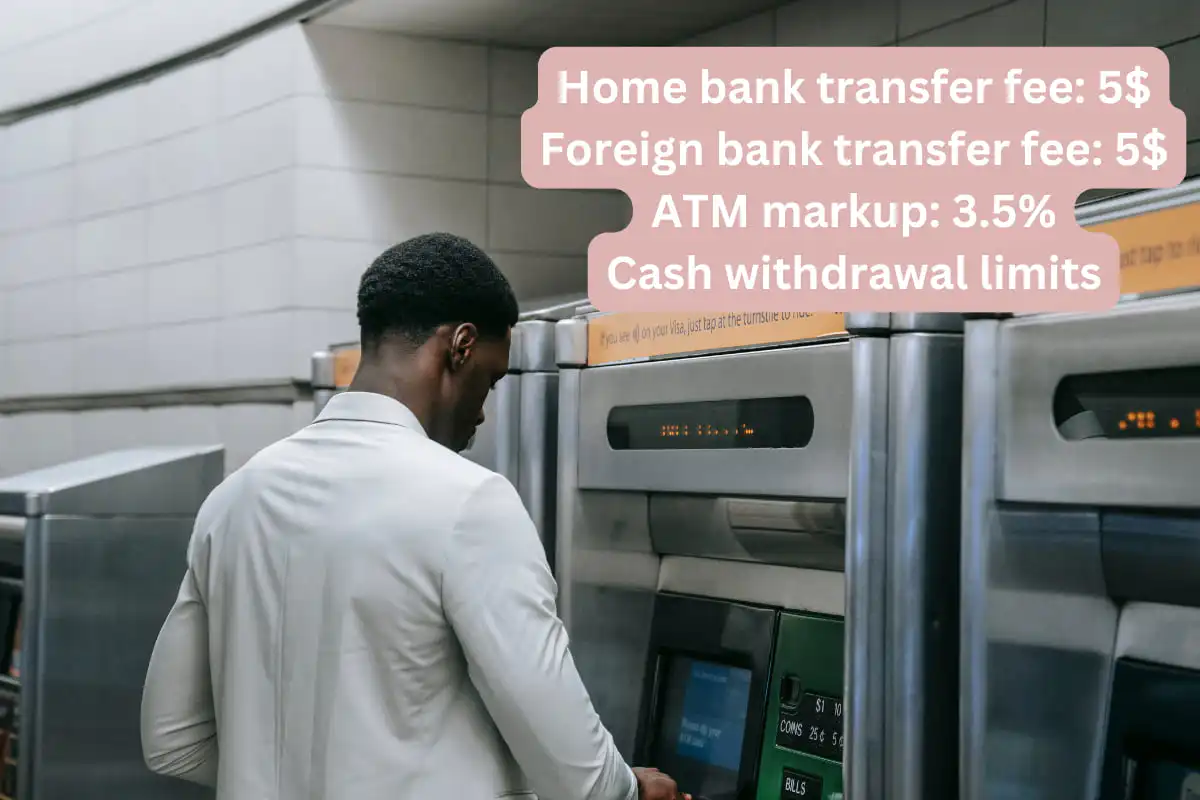 man withdrawing cash from ATM and showing all the fees
