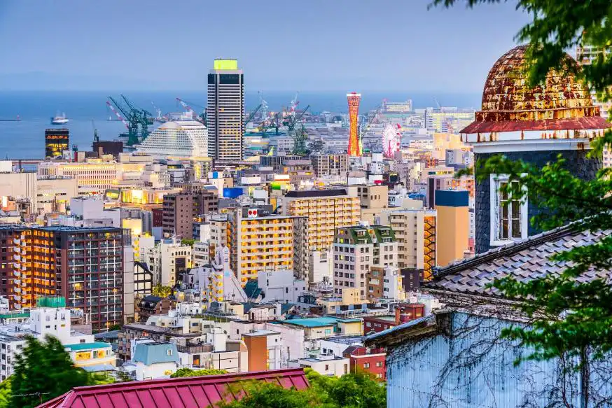 City of Kobe with buildings and port