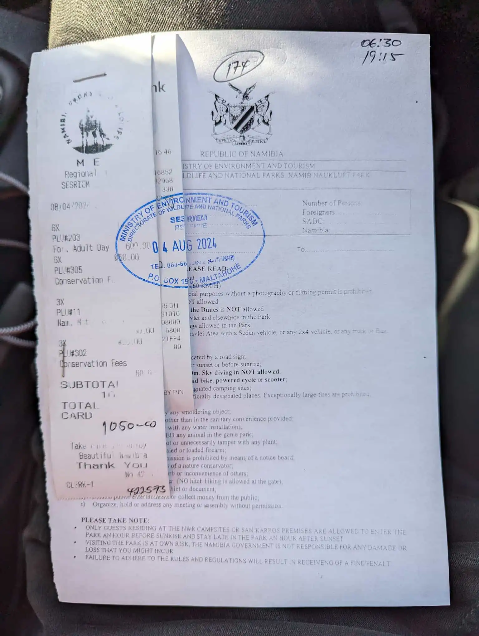 Entrance fee paper for Sossusvlei dunes