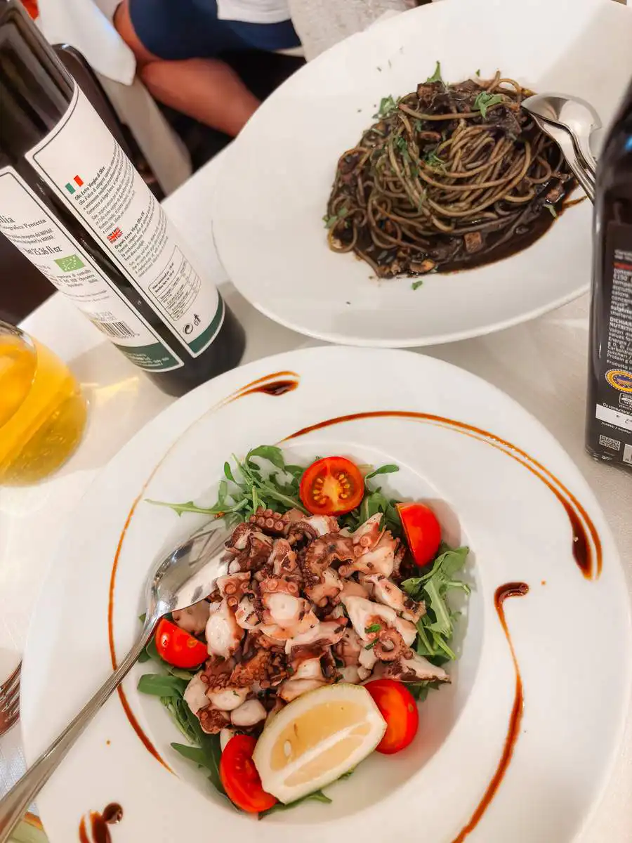 Octopus Salad and squid ink pasta