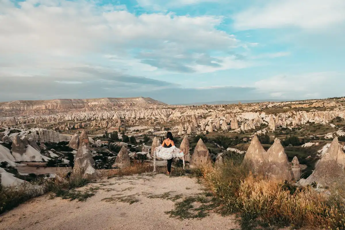 Valley in Cappadocia with woman posing
