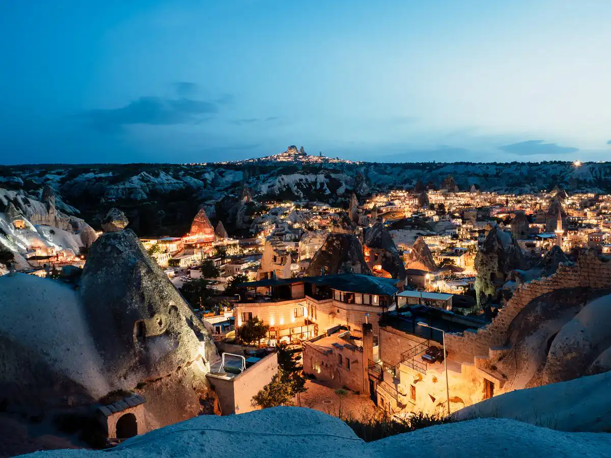 Town of Goreme at night lit up