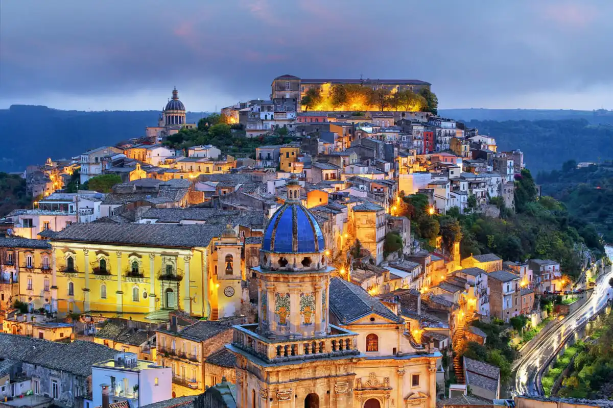 Ragusa at night with the streets lit up