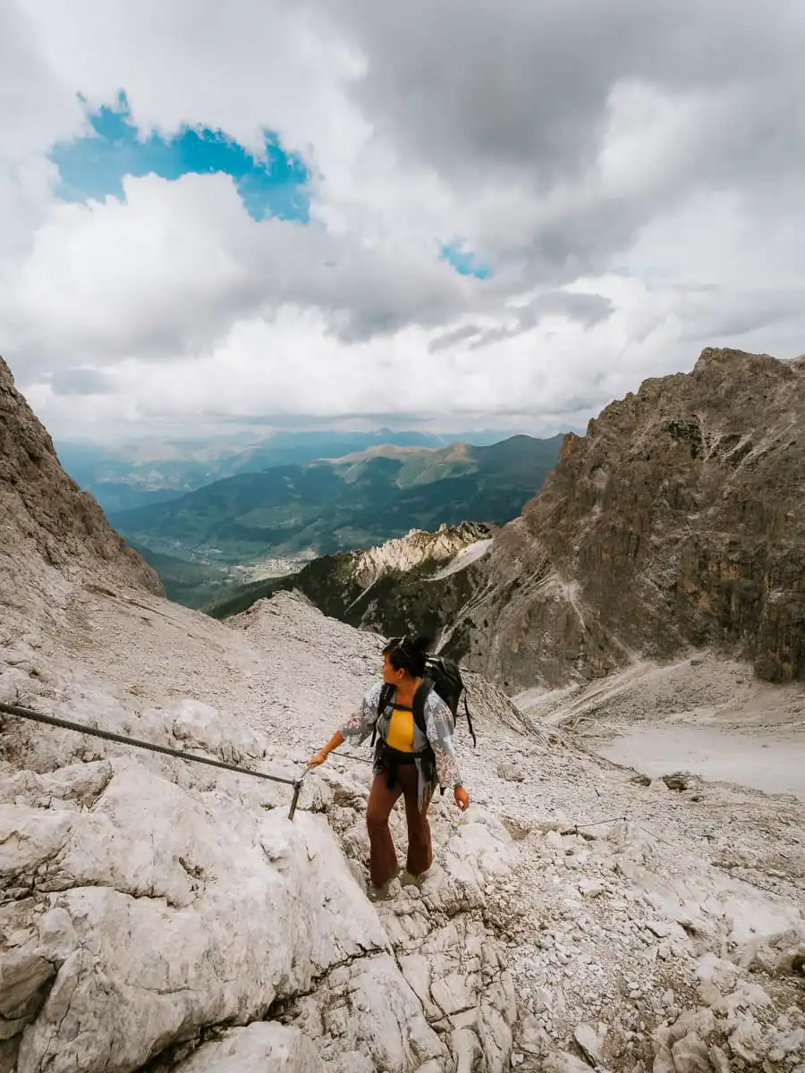 Via Ferrata trail in the dolomites with cable