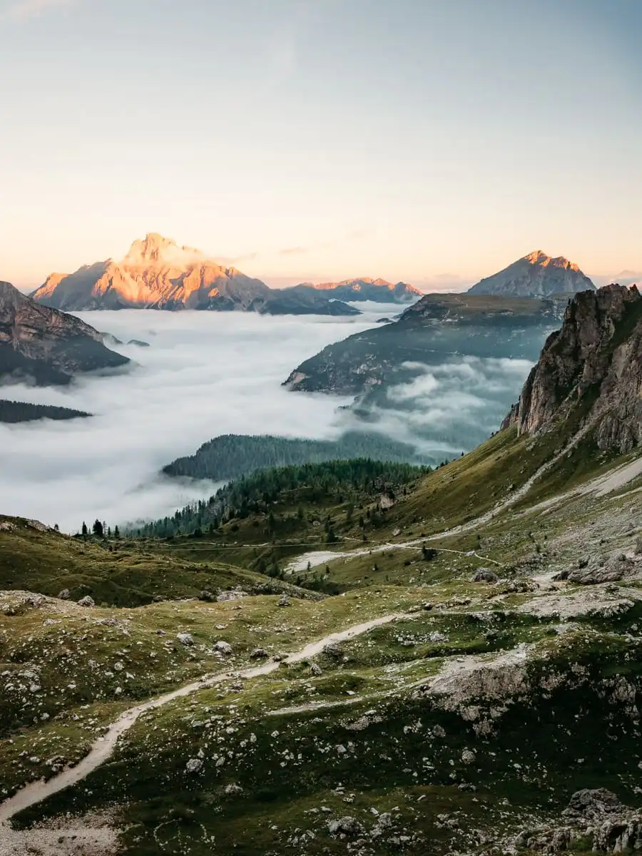 Sunrise in front of rifugio in the dolomites