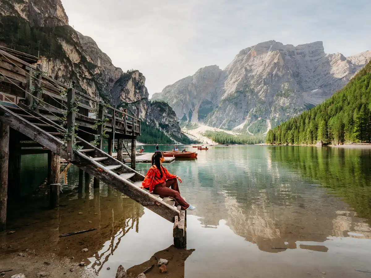 Sitting at lago di Braies in the Dolomites