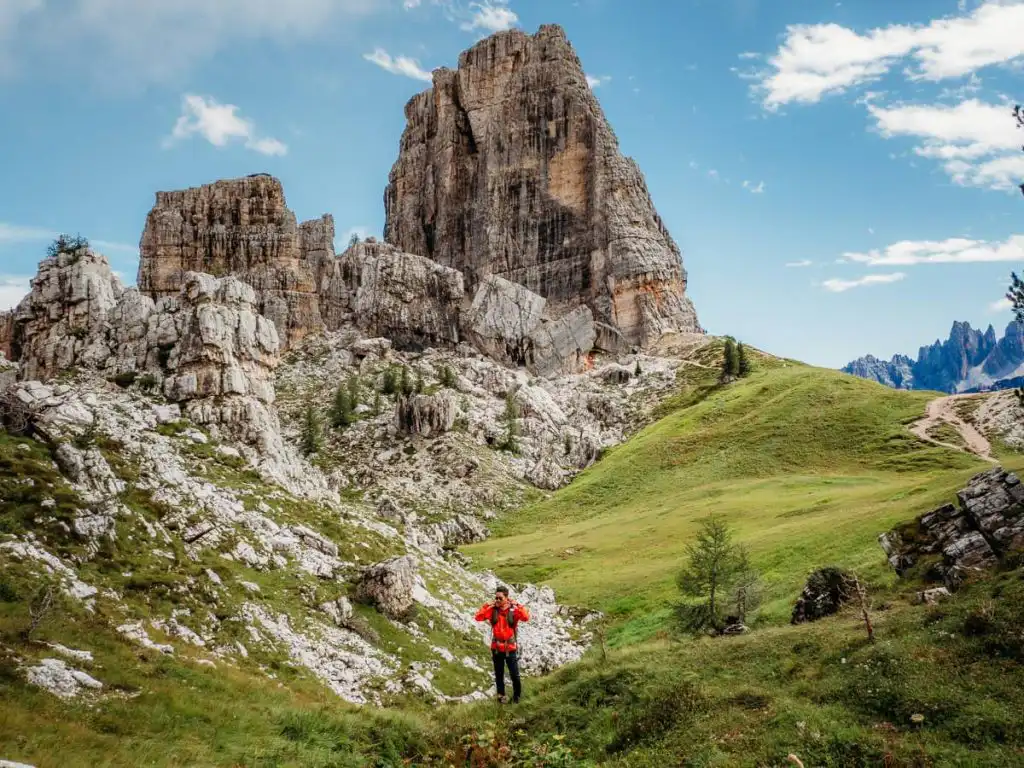 Man standing at a viewpoint at Cinque Torri in the Dolomites