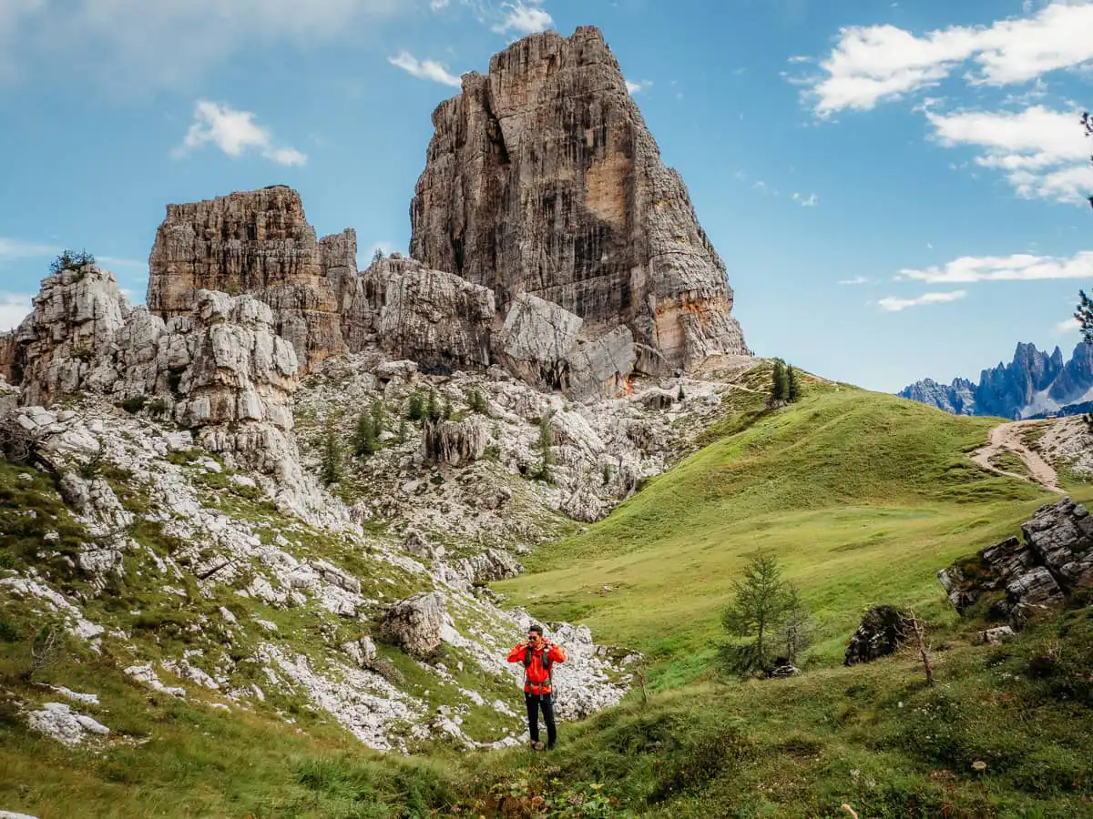 Man standing at a viewpoint at Cinque Torri in the Dolomites