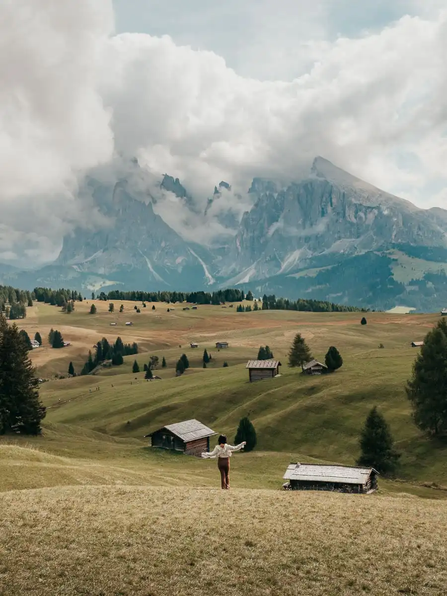 Val di funes in the field with the mountain huts