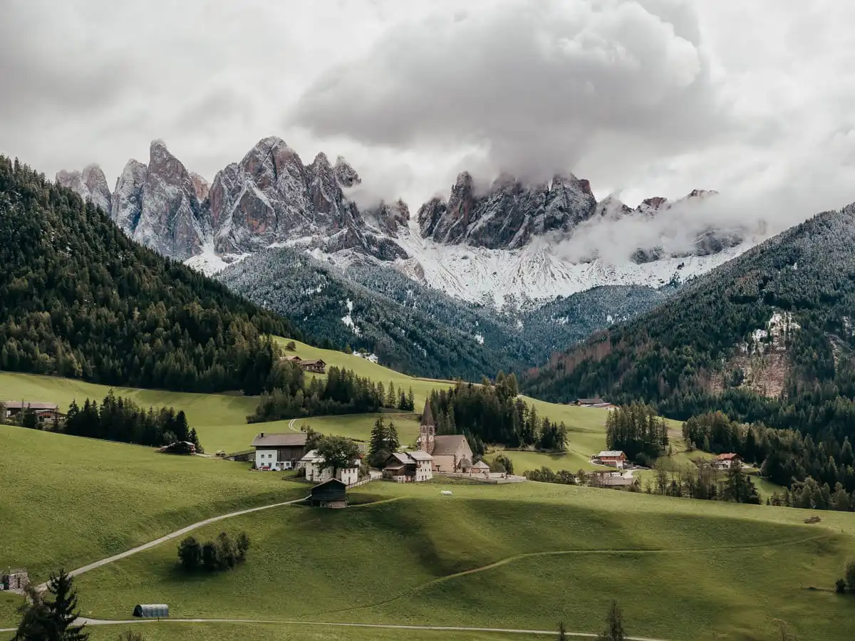 Val di Funes church and mountains