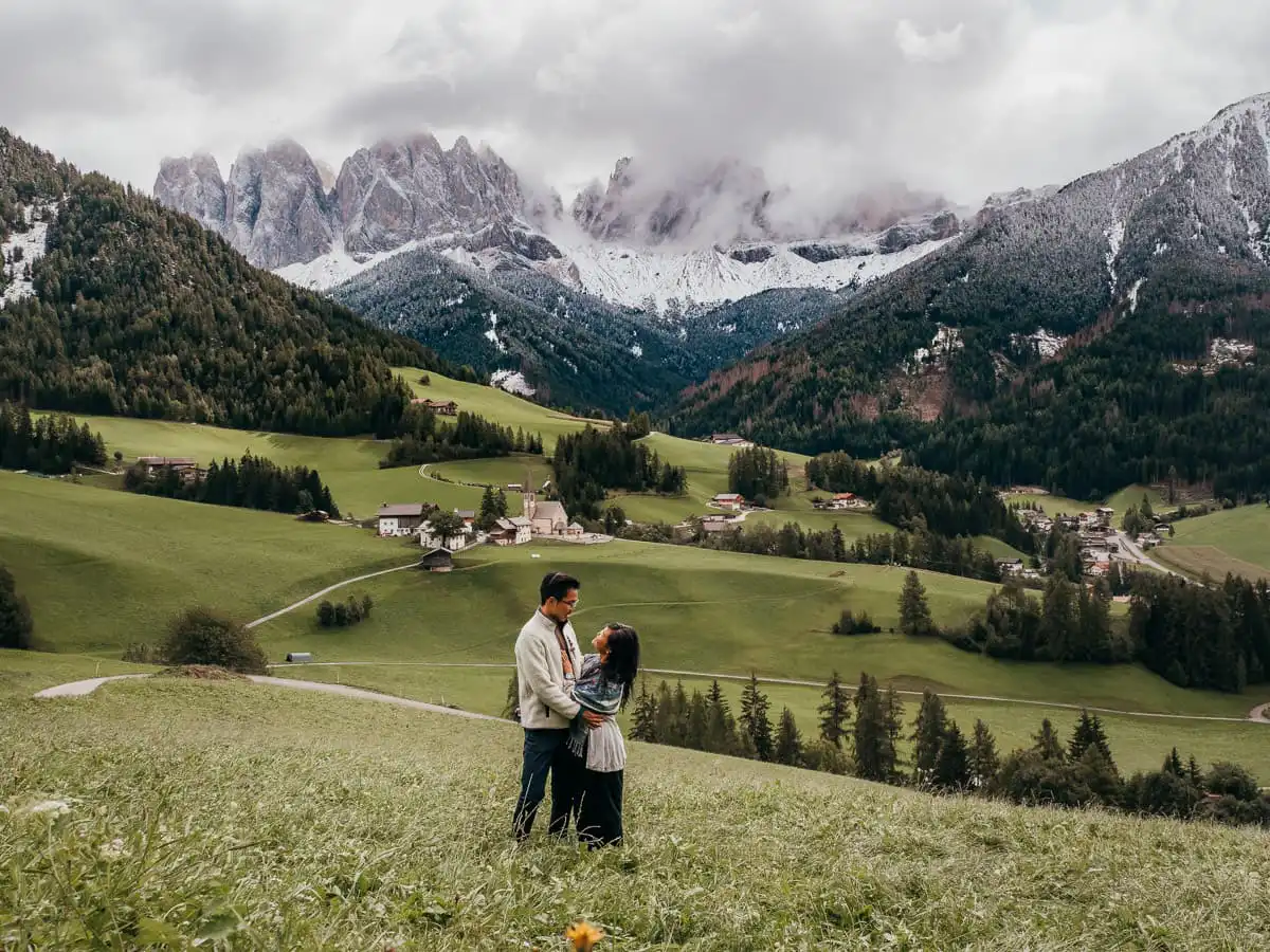 Val di funes couple photo with mountain in the background