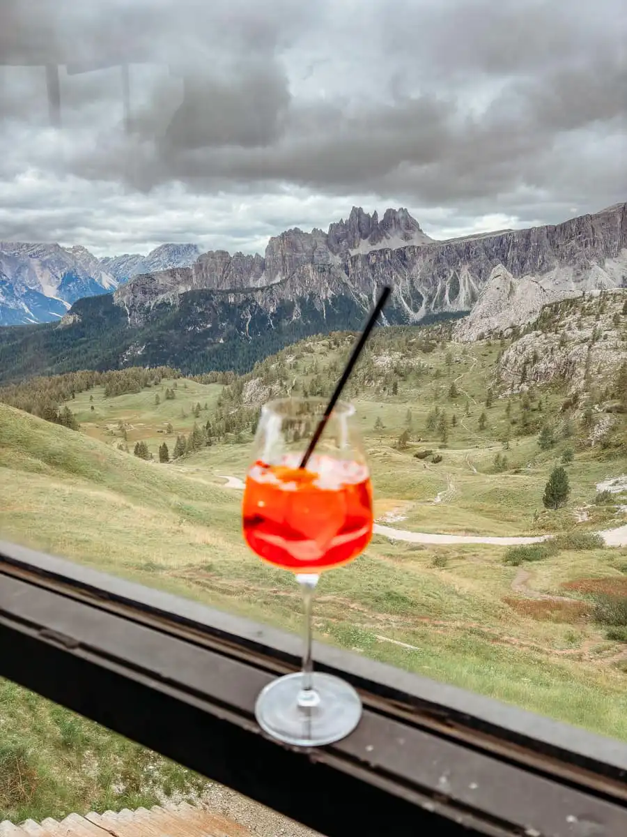 Aperol drink at rifugio in Cinque Torri