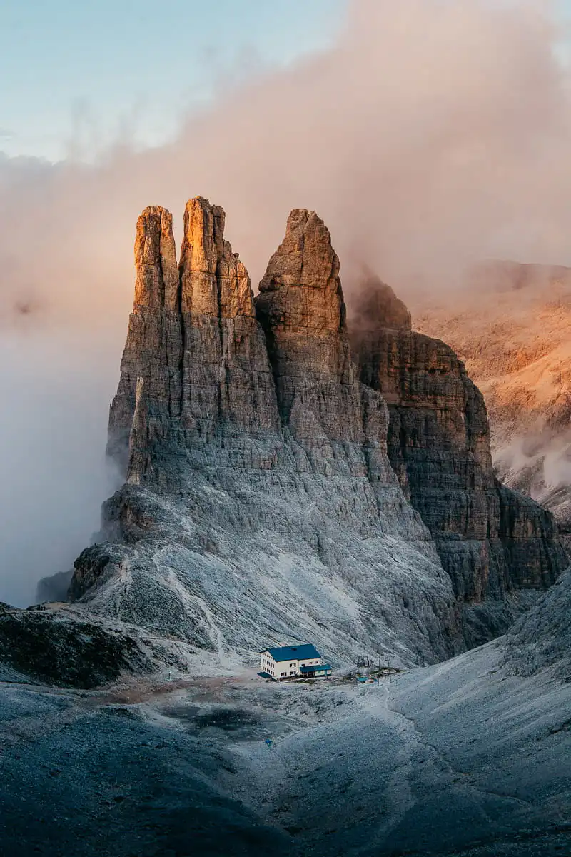 Mountain hut at sunset in the dolomites