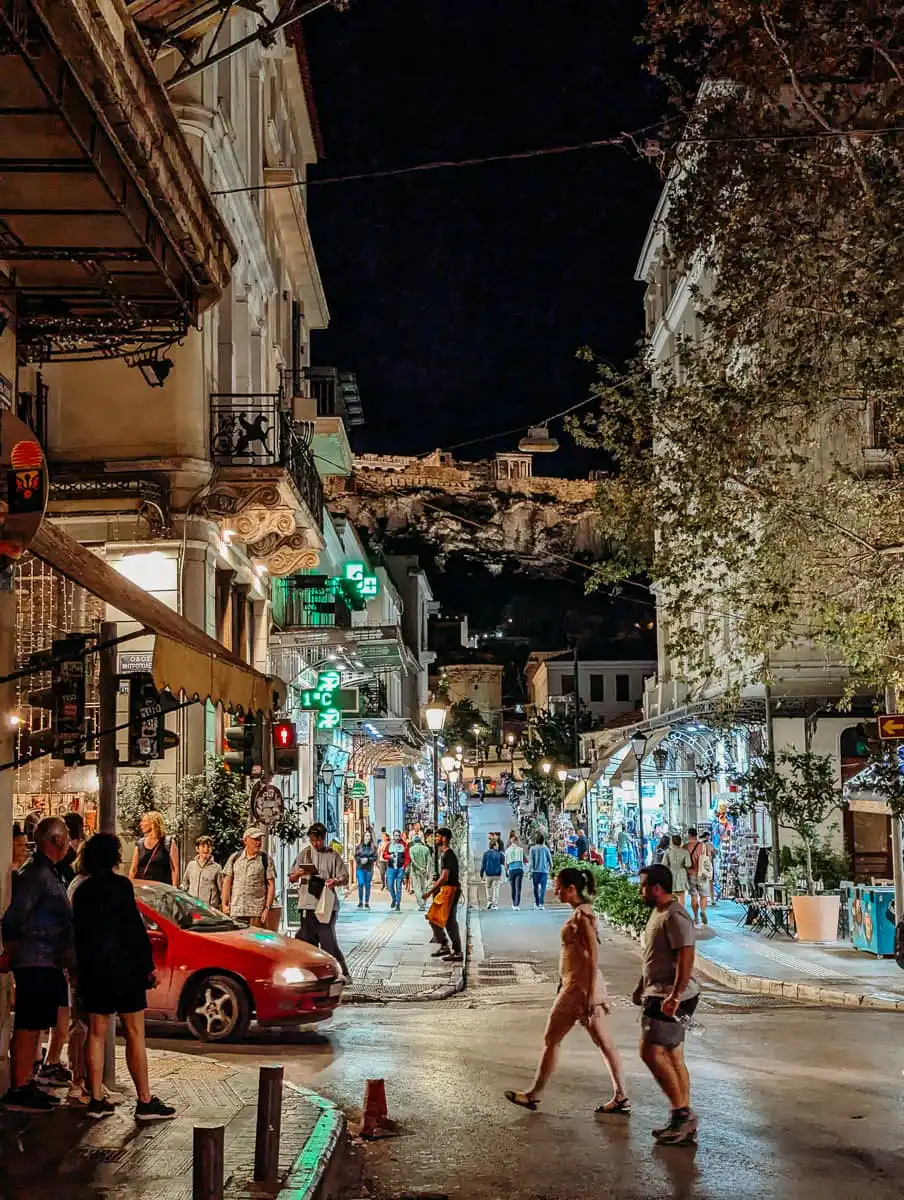 Night view of Acropolis from Athens street