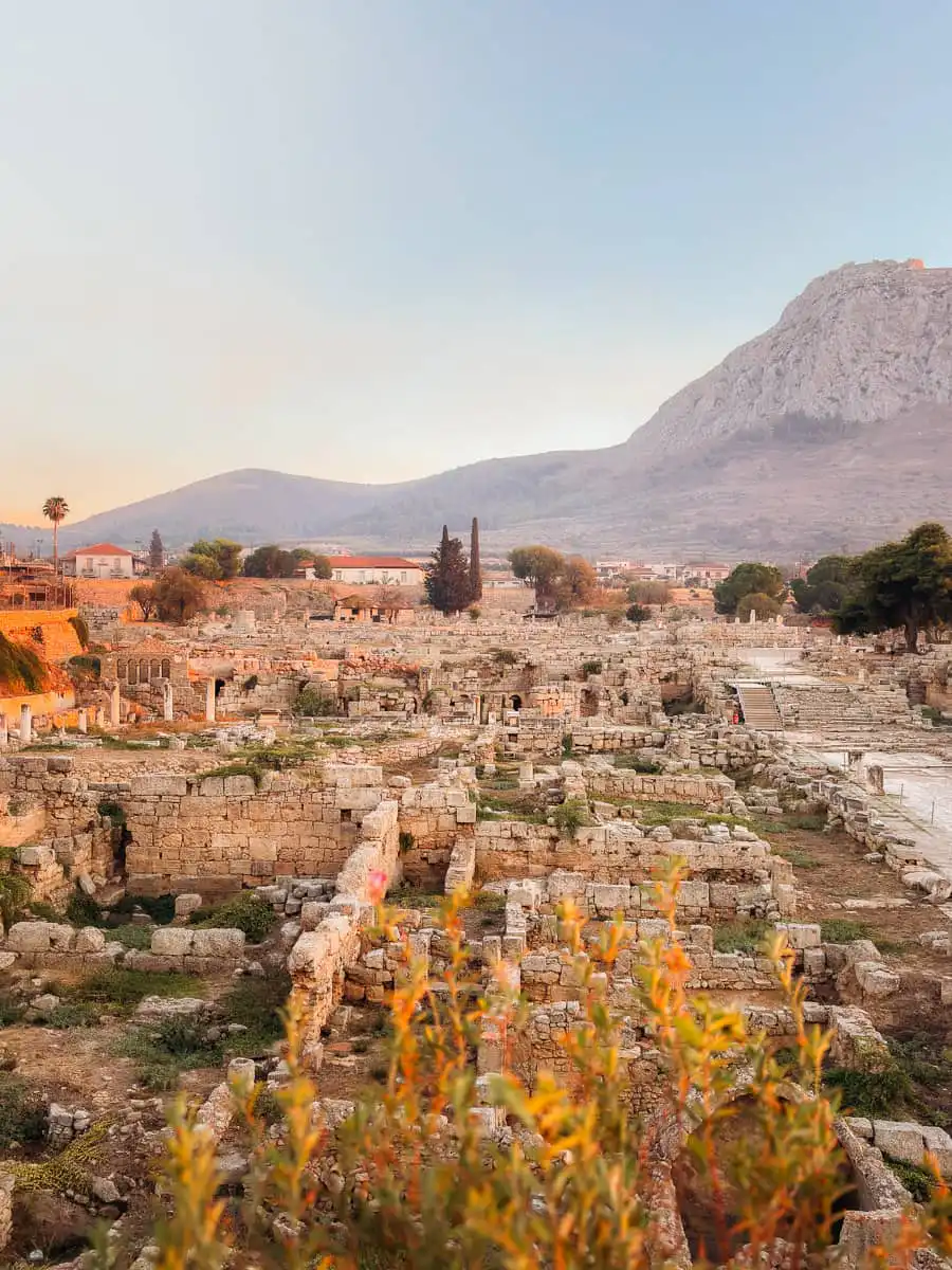 view of the ruins from the rooftop terrace in Corinth