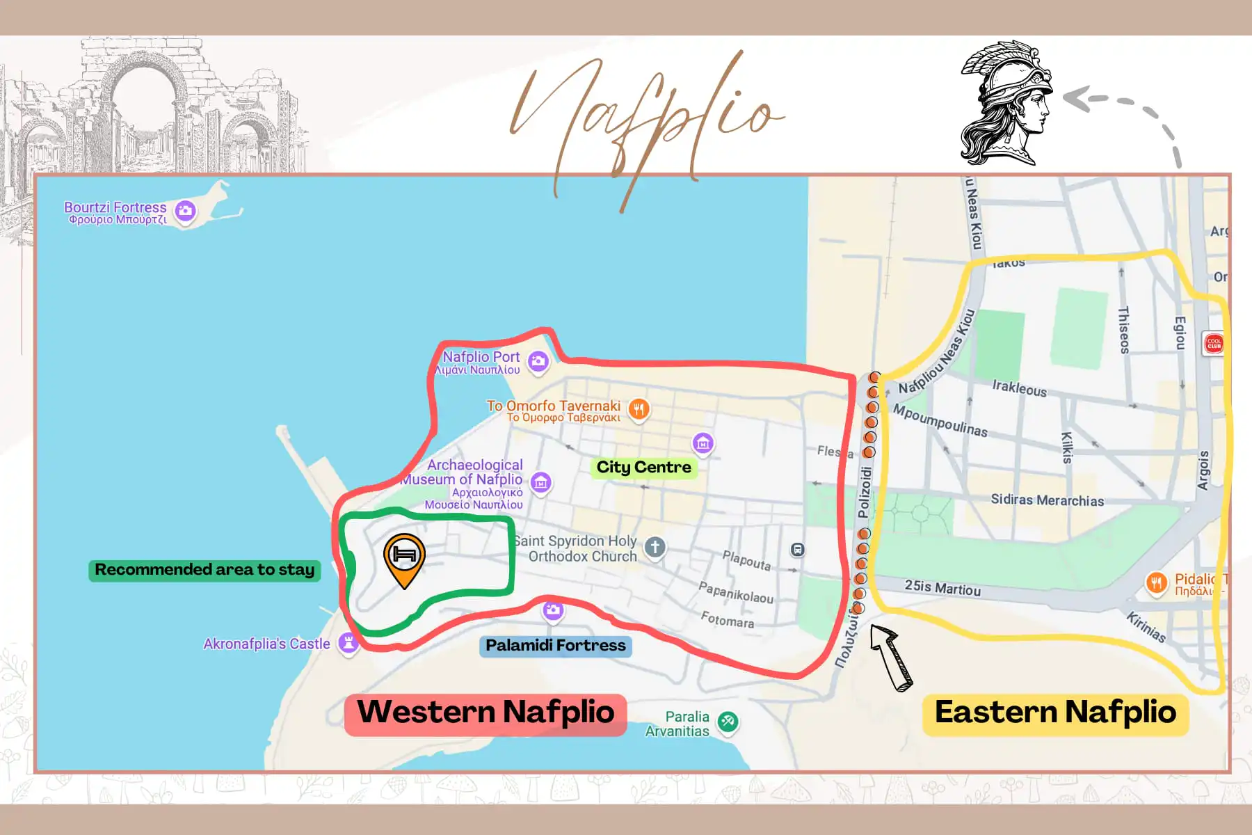 Map of where to stay in Nafplio Greece