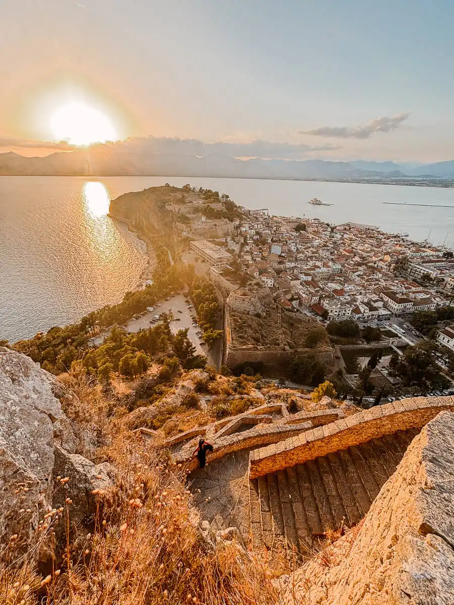 Staircase at Palamidi fortress at sunset, one of the best things to do in Nafplio