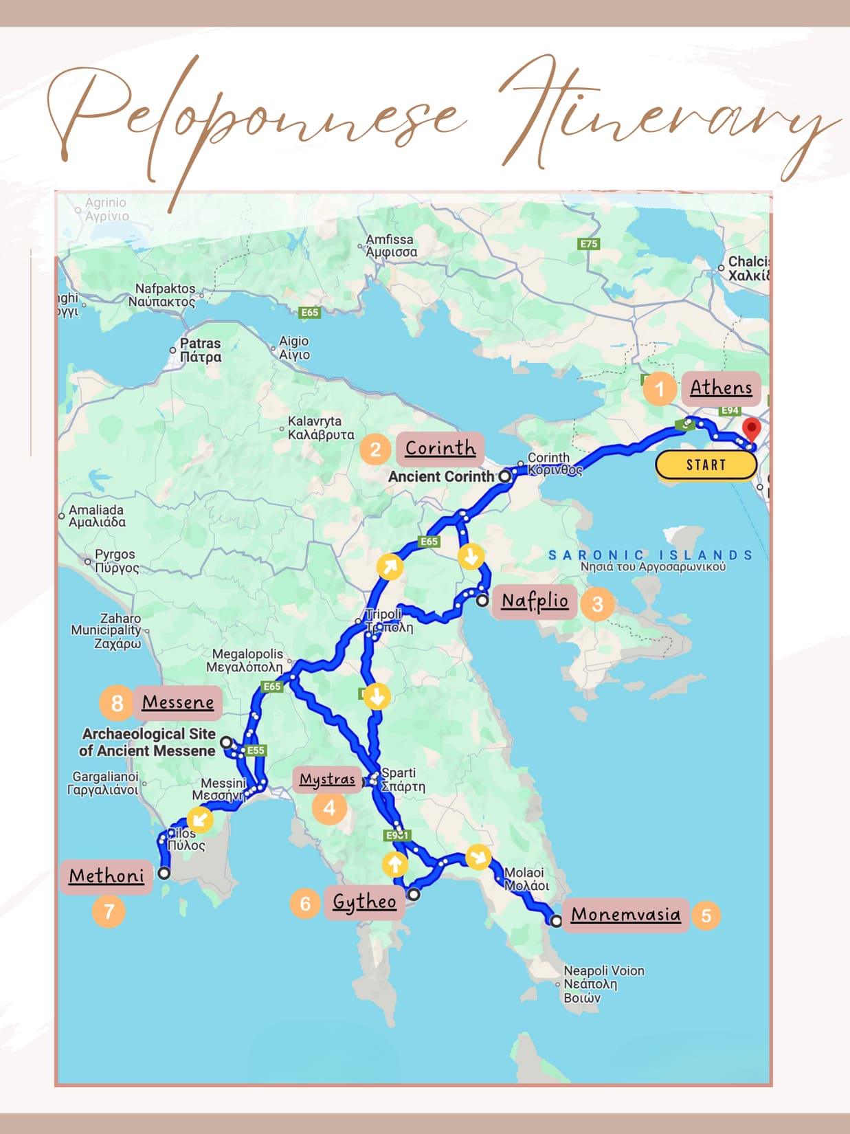 Peloponnese road trip map