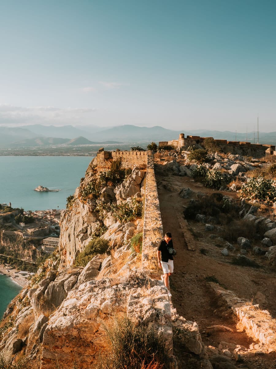 Standing on the castle walls in Palamidi Fortress, one of our favourite things to do during our peloponnese road trip