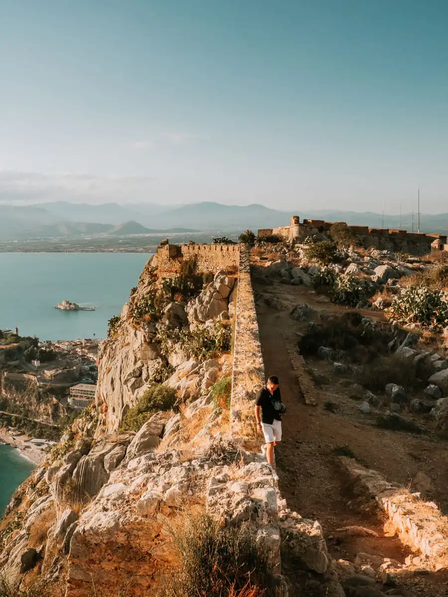 Standing on the castle walls in Palamidi Fortress, one of our favourite things to do during our peloponnese road trip