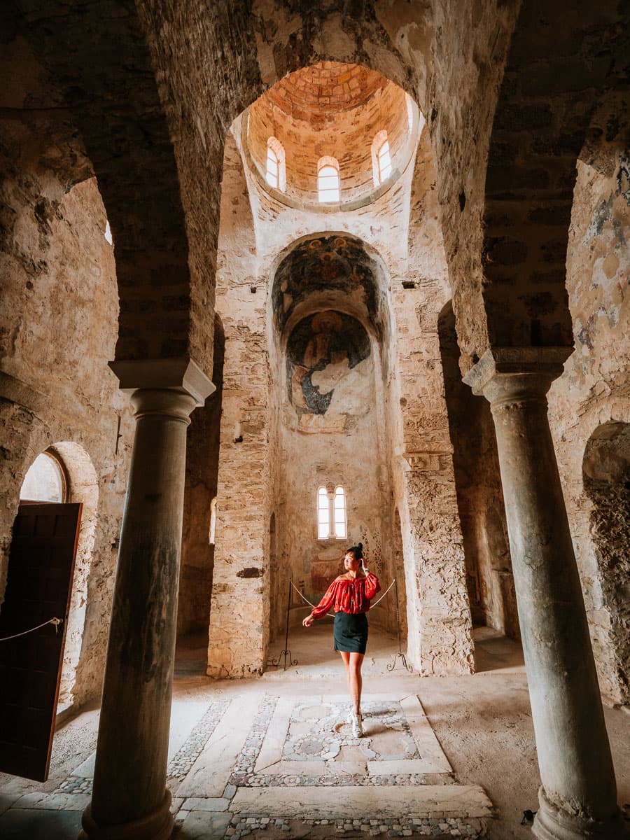 Standing inside one of the churches at Msytras