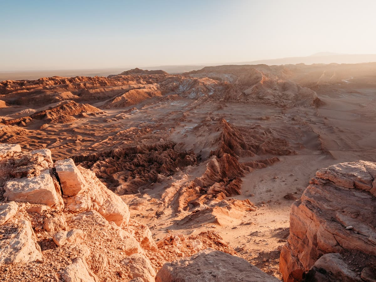 Valley at Valle de la luna at sunset with rock formations