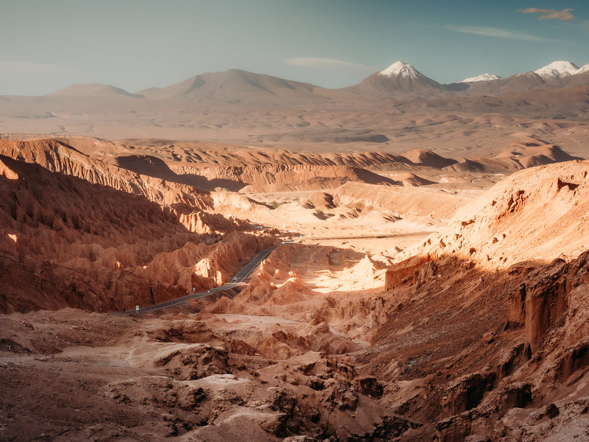 Stunning sunset landscape in Atacama desert with red rocks