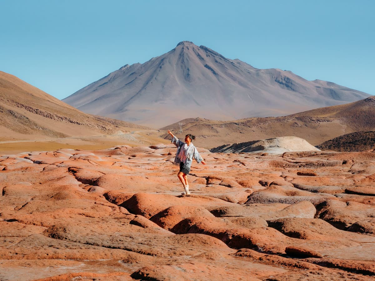 Standing aligned with the volcano at Piedras Rojas