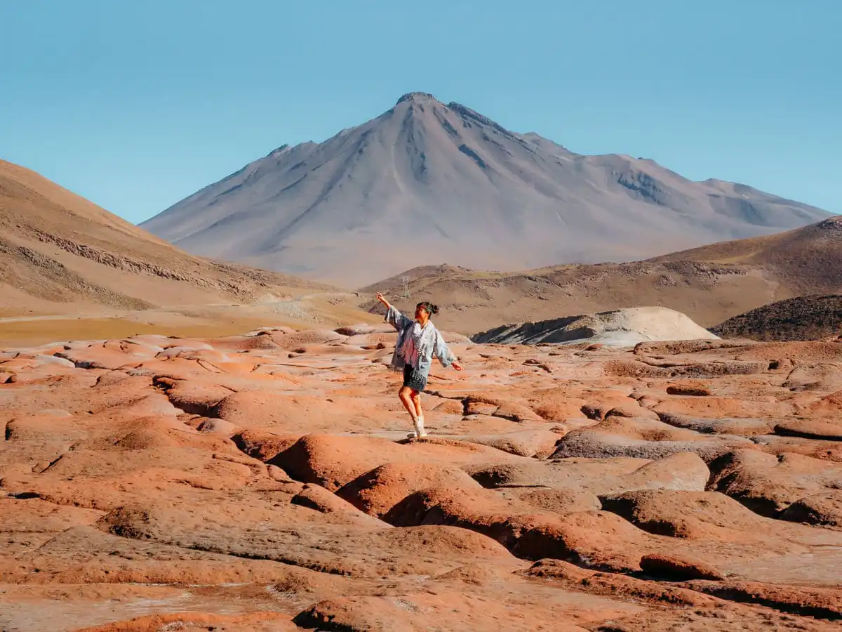Standing aligned with the volcano at Piedras Rojas