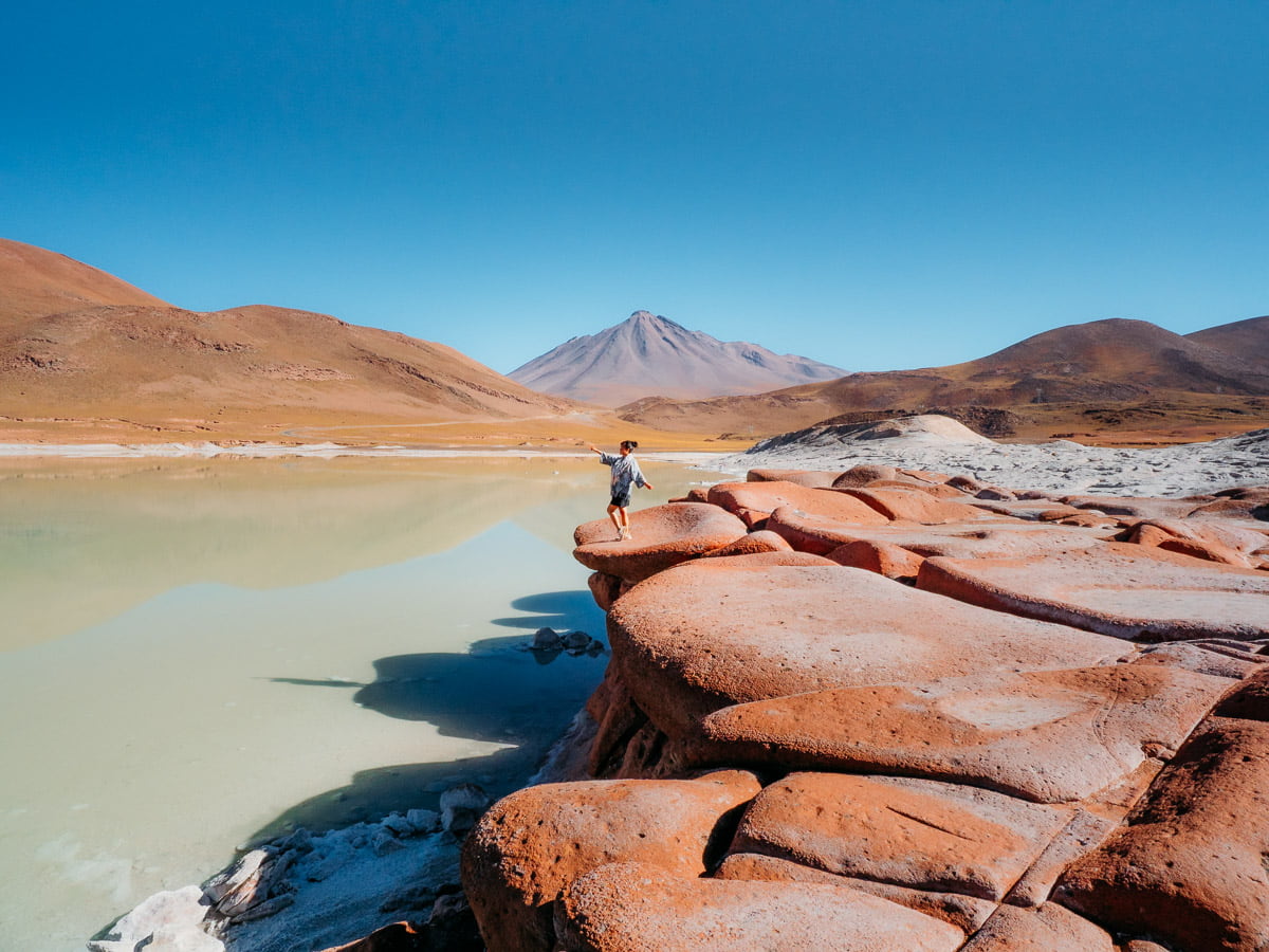 Landscape of Piedras Rojas with volcano and laguna