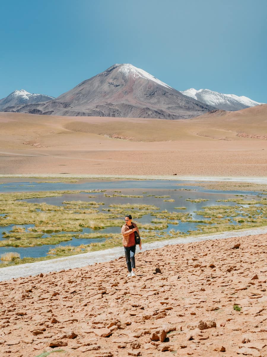 Man walking in the valley of Atacama desert beside lake and volcano