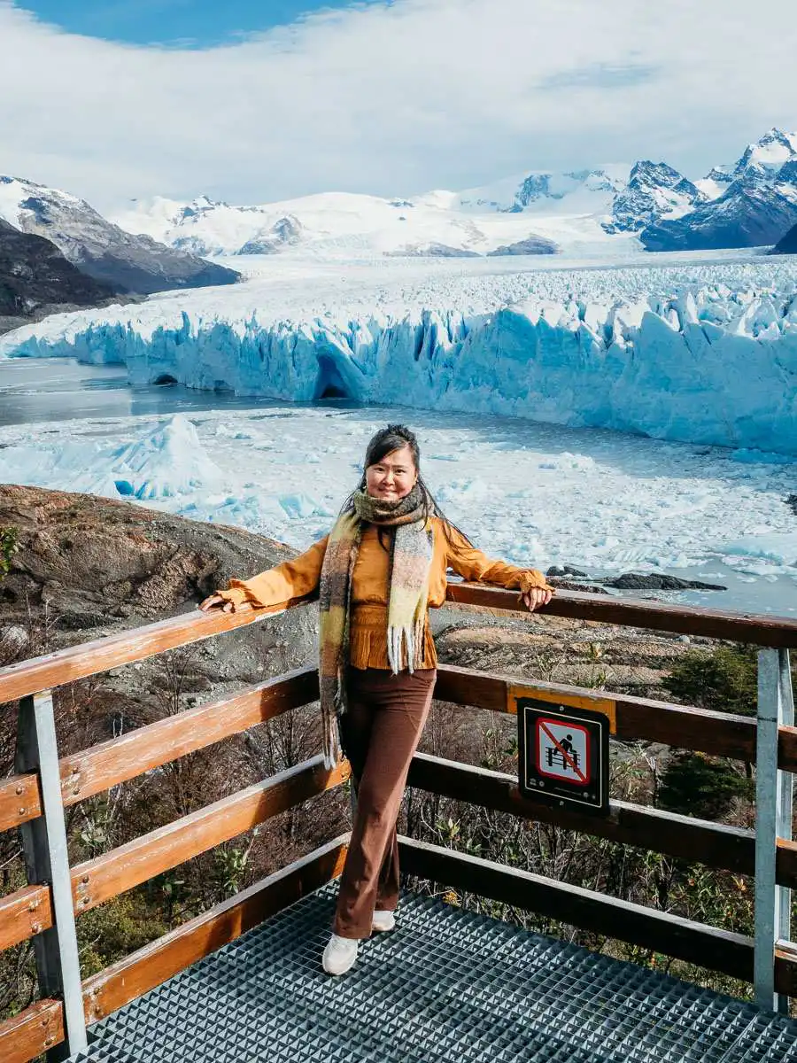 Standing in front of glacier in perito moreno glacier boardwalk