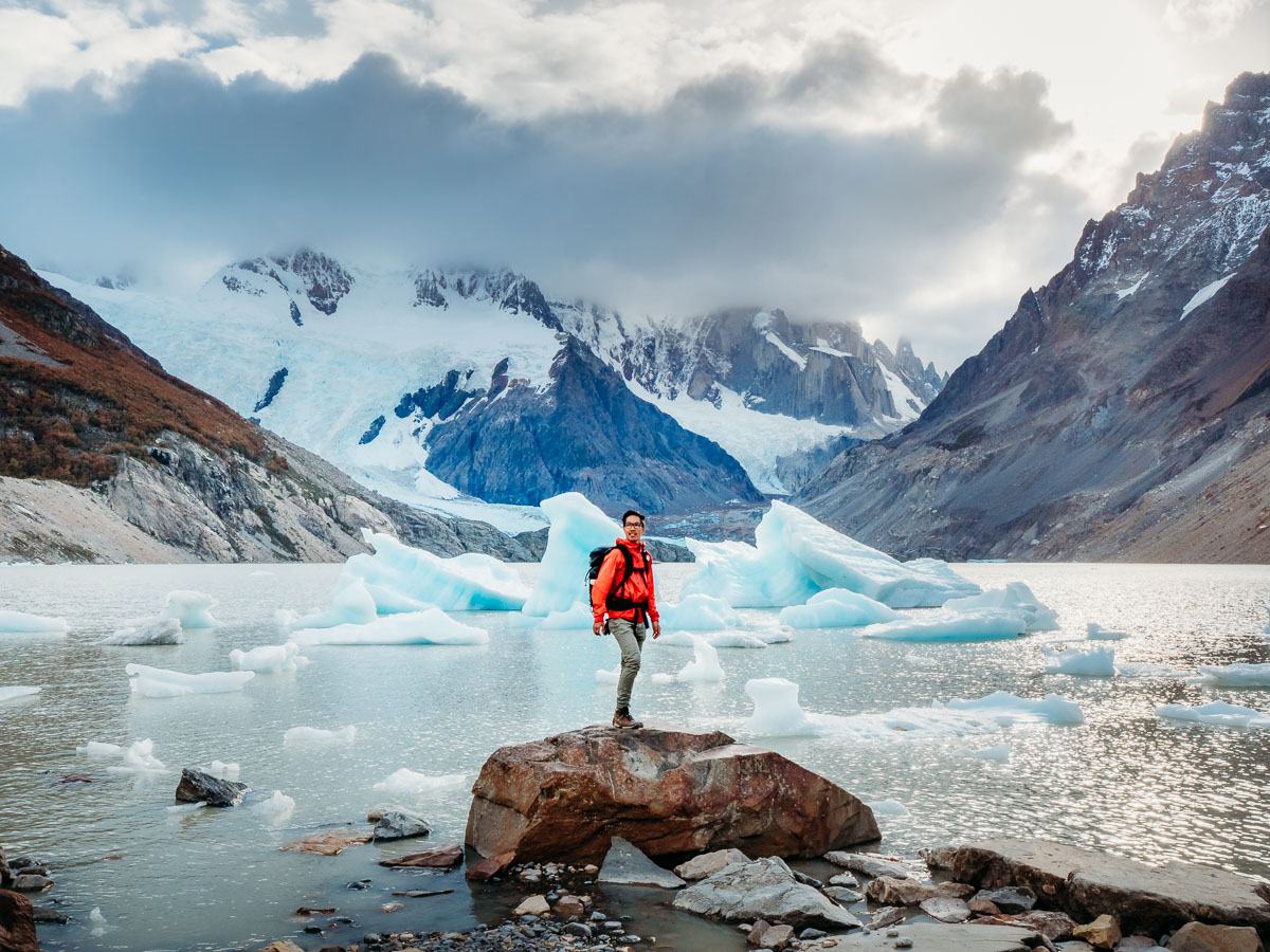 Standing in front of glaciers in Los Glaciares National Park in Argentina Patagonia