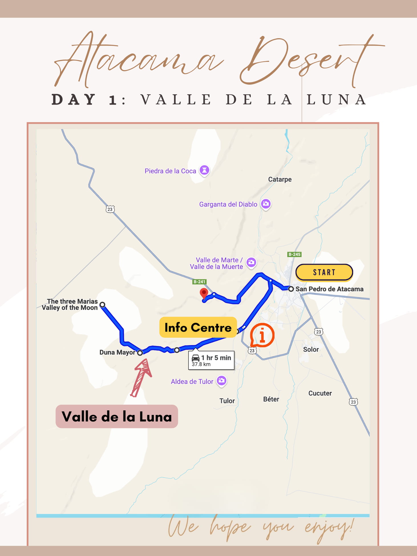 Atacama Desert Itinerary map, visiting valle de la luna