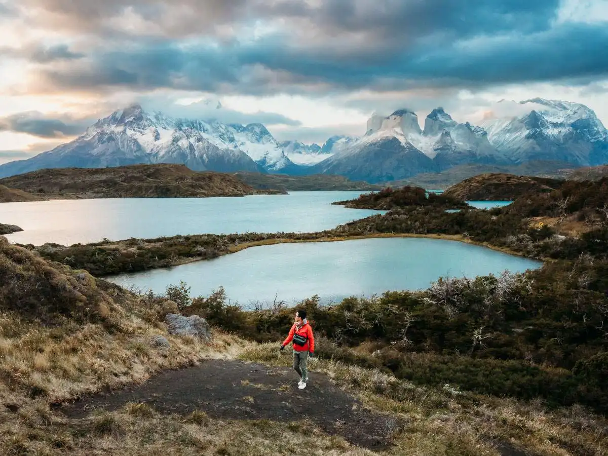 Sunset viewpoint with mountain range in background in Torres del Paine