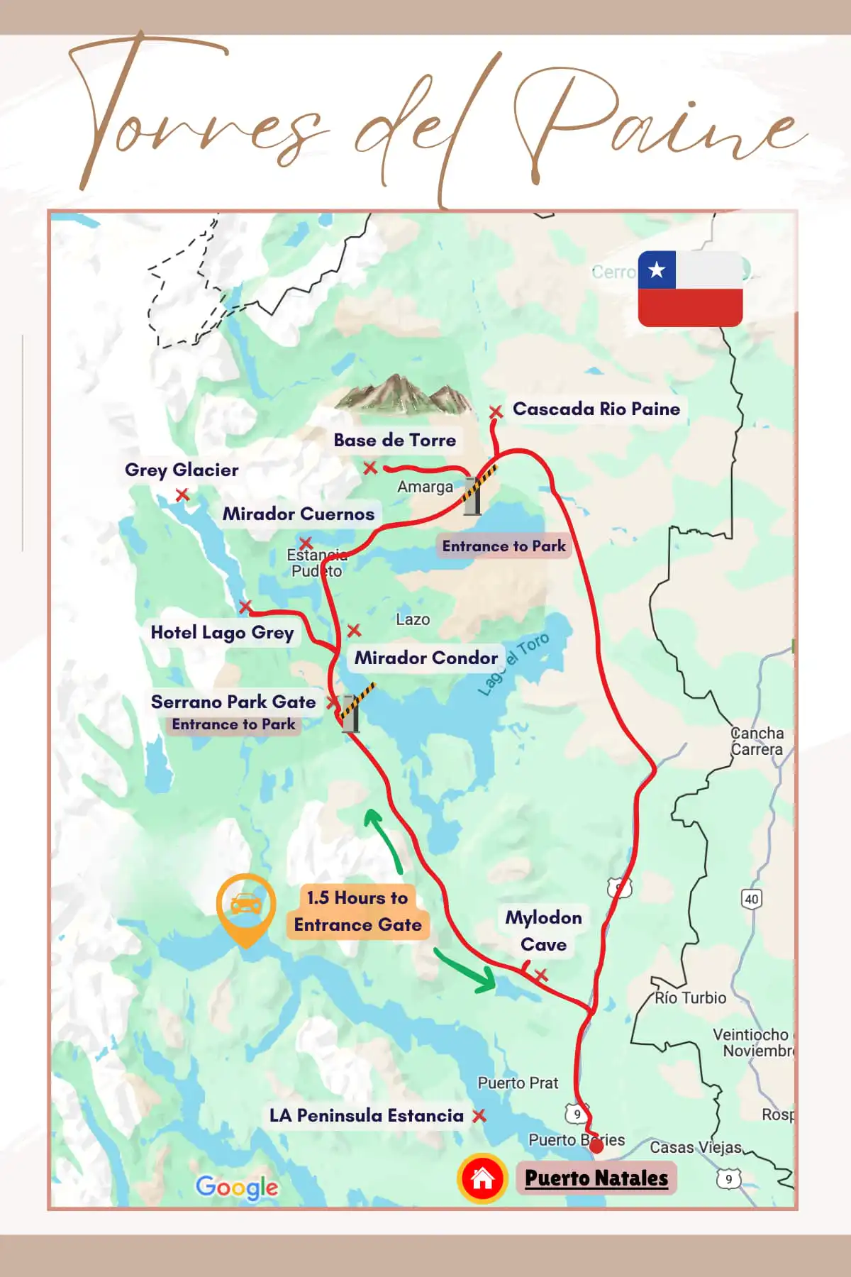Map of Torres del Paine national park, and the main attractions to visit in Torres del Paine